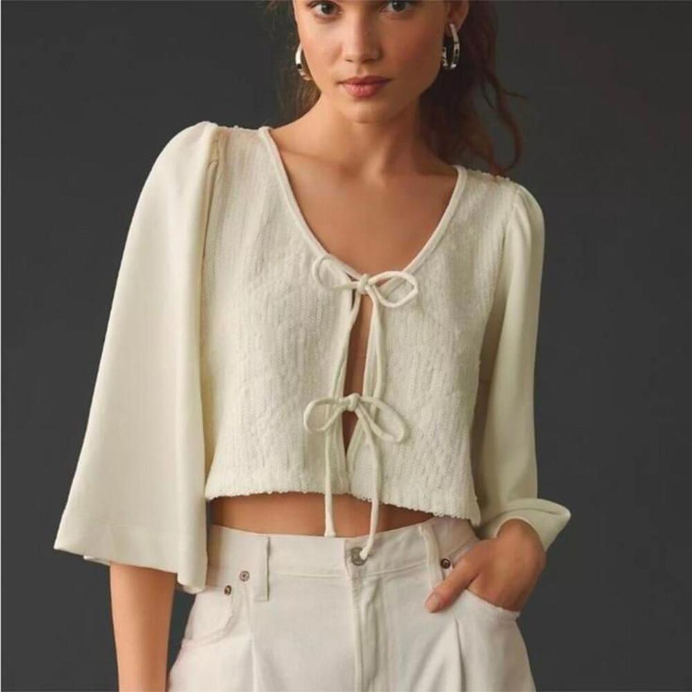 Anthropologie Sequin Tie-Front Top White Size M